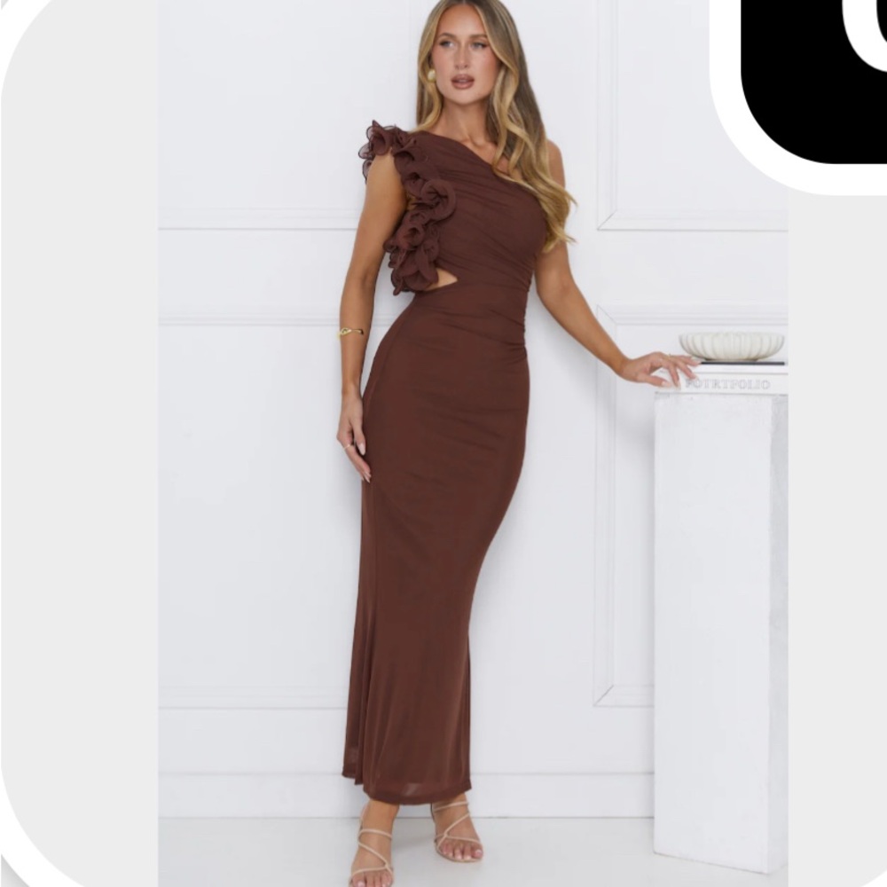 Hello Molly Luxe By Moonlight One Shoulder Mesh Maxi Dress Brown